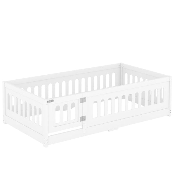 English Elm Twin Size Floor Bed With Safety Guardrails & Built-In Door - Cozy Solid Wood Frame For Kids’ Rooms W1820P240536-GIGA