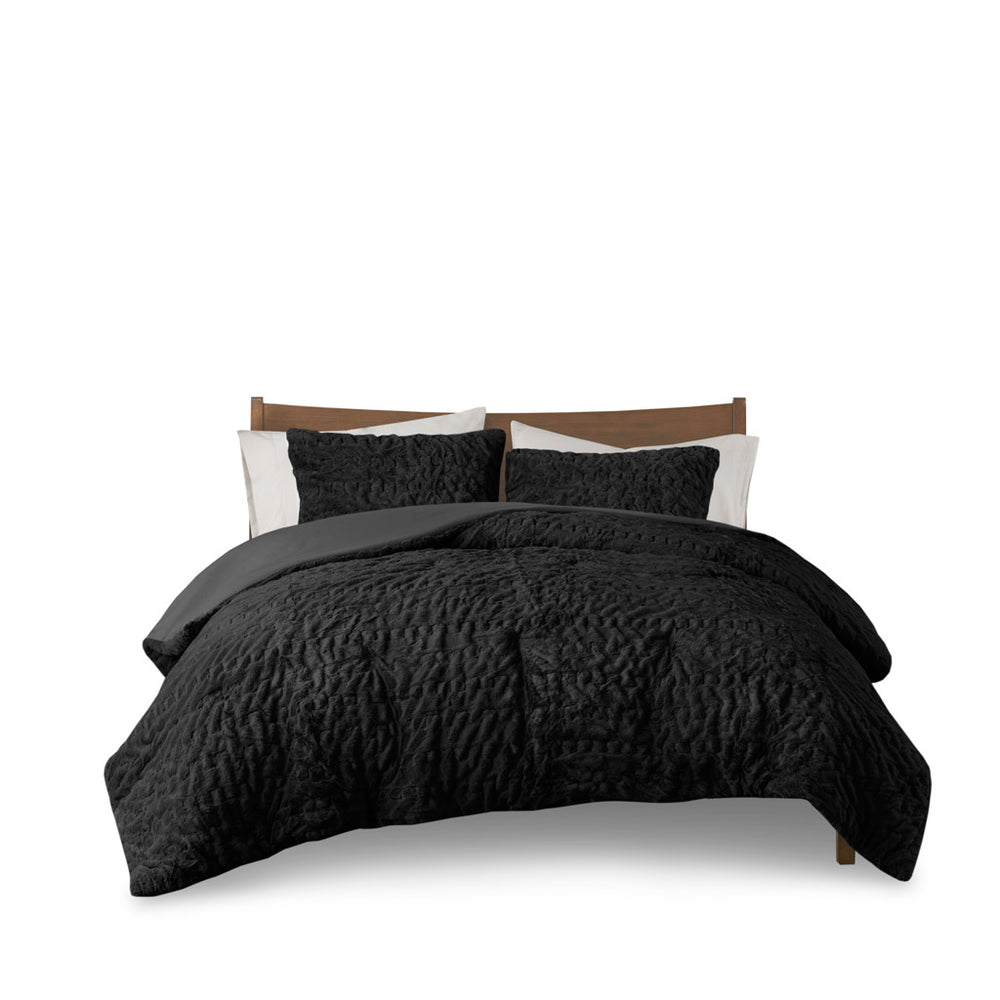 JLA Home Madison Park - Ruched Faux Fur Comforter Set with Reversible Microfiber Backing, Hypoallergenic OEKO‑TEX Quality Black MP10-8214
