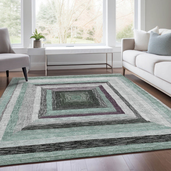 HomeRoots 5' Contemporary Pale Aqua Ivory and Gray Geometric Washable Area Rug for Indoor and Outdoor Spaces 5' X 8' 627171