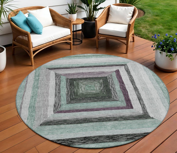 HomeRoots 5' Contemporary Pale Aqua Ivory and Gray Geometric Washable Area Rug for Indoor and Outdoor Spaces 8' Round 627172