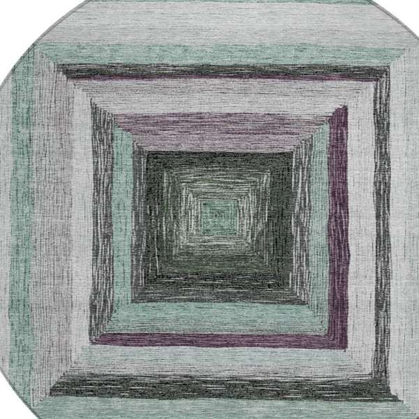 HomeRoots 5' Contemporary Pale Aqua Ivory and Gray Geometric Washable Area Rug for Indoor and Outdoor Spaces 8' Round 627172