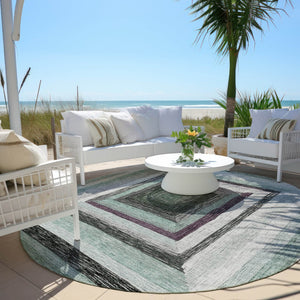 HomeRoots 5' Contemporary Pale Aqua Ivory and Gray Geometric Washable Area Rug for Indoor and Outdoor Spaces 8' Round 627172