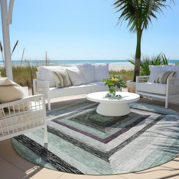 HomeRoots 5' Contemporary Pale Aqua Ivory and Gray Geometric Washable Area Rug for Indoor and Outdoor Spaces 8' Round 627172