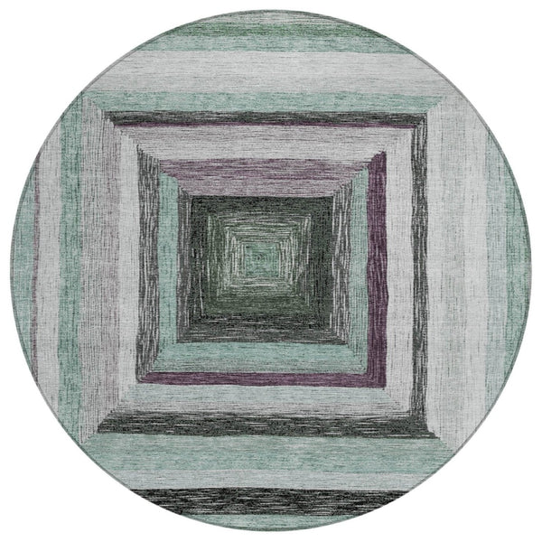 HomeRoots 5' Contemporary Pale Aqua Ivory and Gray Geometric Washable Area Rug for Indoor and Outdoor Spaces 8' Round 627172