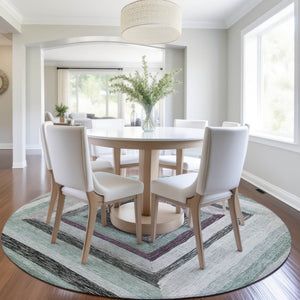HomeRoots 5' Contemporary Pale Aqua Ivory and Gray Geometric Washable Area Rug for Indoor and Outdoor Spaces 8' Round 627172
