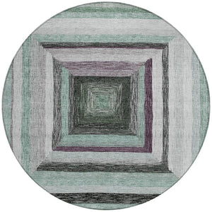 HomeRoots 5' Contemporary Pale Aqua Ivory and Gray Geometric Washable Area Rug for Indoor and Outdoor Spaces 8' Round 627172