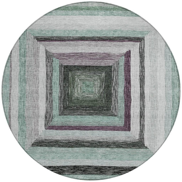 HomeRoots 5' Contemporary Pale Aqua Ivory and Gray Geometric Washable Area Rug for Indoor and Outdoor Spaces 8' Round 627172