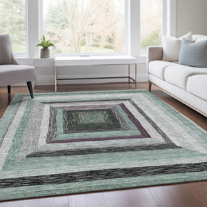 HomeRoots 5' Contemporary Pale Aqua Ivory and Gray Geometric Washable Area Rug for Indoor and Outdoor Spaces 10' X 14' 627175