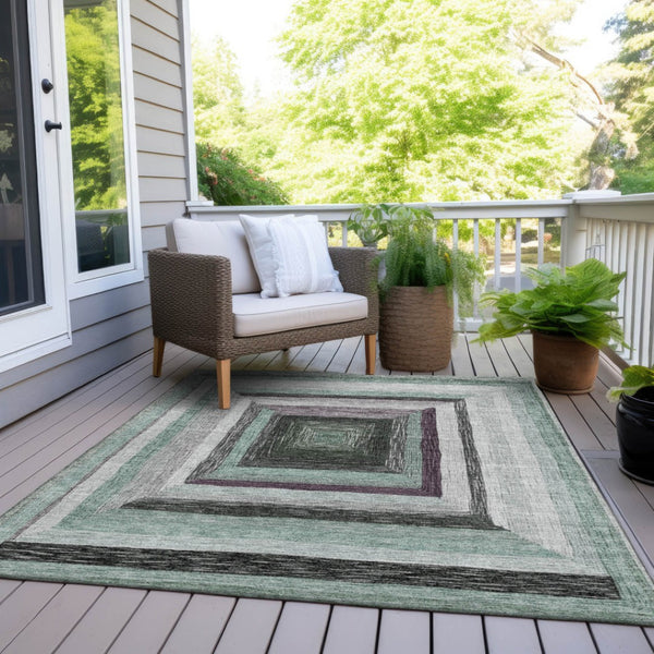 HomeRoots 5' Contemporary Pale Aqua Ivory and Gray Geometric Washable Area Rug for Indoor and Outdoor Spaces 10' X 14' 627175