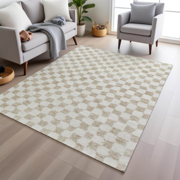 HomeRoots 5' Beige and Ivory Geometric Indoor-Outdoor Area Rug - Stylish, Durable, and Machine Washable Design 8' X 10' 627185