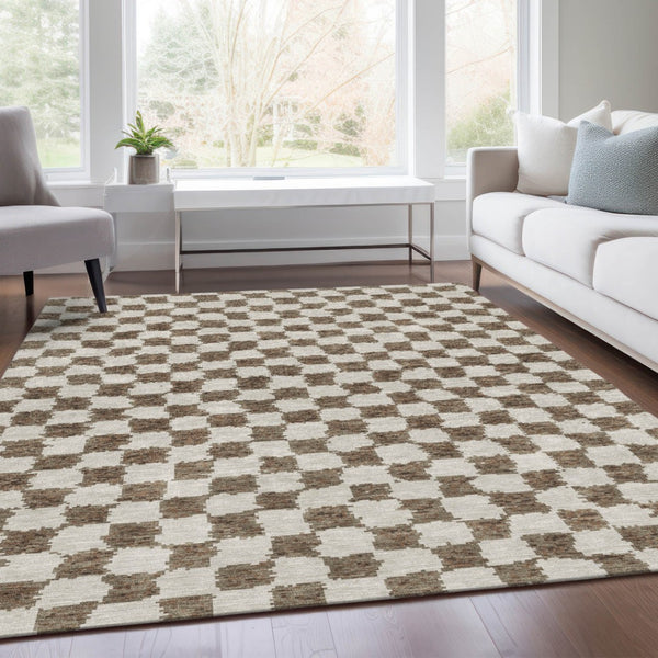 HomeRoots 5' Brown and Ivory Geometric Indoor Outdoor Area Rug - Stylish, Washable, and Durable for All Spaces 9' X 12' 627198