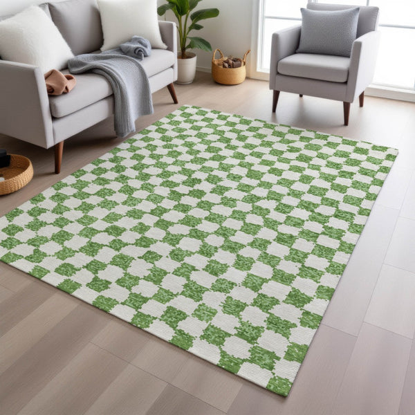 HomeRoots 5' Green and Ivory Geometric Area Rug - Stylish, Washable, Durable for Indoor and Outdoor Spaces 8' X 10' 627203
