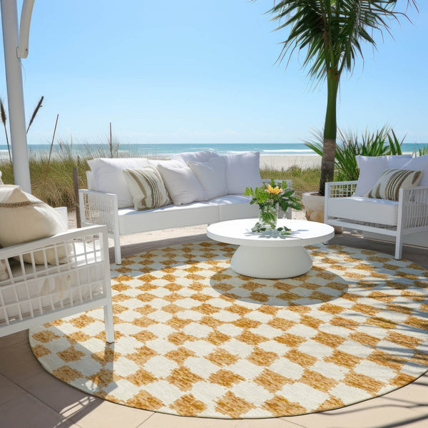 HomeRoots 5' Orange and Ivory Geometric Area Rug - Stylish, Washable Design for Indoor and Outdoor Spaces 8' Round 627220