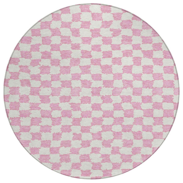 HomeRoots 5' Pink and Ivory Geometric Area Rug - Washable, Durable for Indoor & Outdoor Use, Stylish Design 8' Round 627226