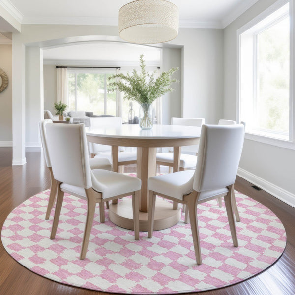 HomeRoots 5' Pink and Ivory Geometric Area Rug - Washable, Durable for Indoor & Outdoor Use, Stylish Design 8' Round 627226