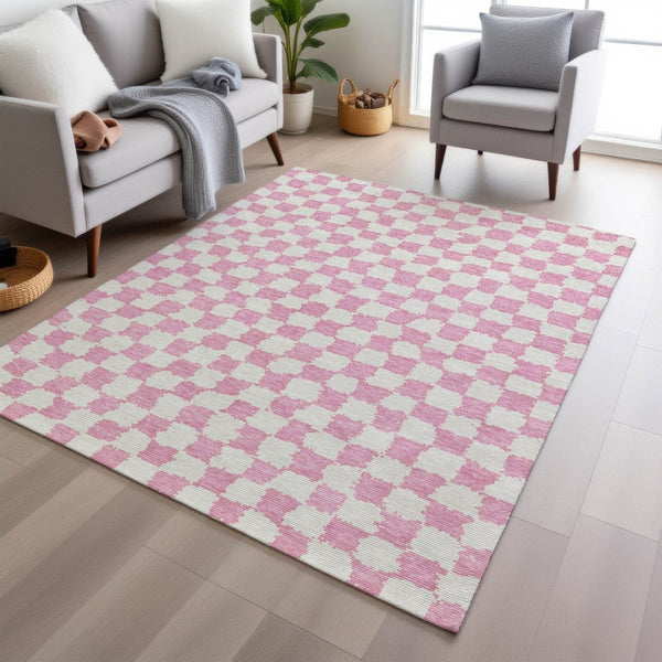 HomeRoots 5' Pink and Ivory Geometric Area Rug - Washable, Durable for Indoor & Outdoor Use, Stylish Design 10' X 14' 627229