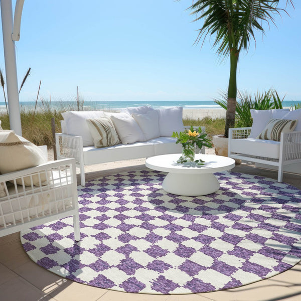 HomeRoots 5' Vibrant Purple and Ivory Geometric Washable Area Rug for Stylish Indoor and Outdoor Spaces 8' Round 627232