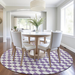 HomeRoots 5' Vibrant Purple and Ivory Geometric Washable Area Rug for Stylish Indoor and Outdoor Spaces 8' Round 627232