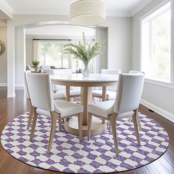 HomeRoots 5' Vibrant Purple and Ivory Geometric Washable Area Rug for Stylish Indoor and Outdoor Spaces 8' Round 627232
