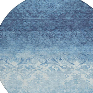 HomeRoots 5' Denim Blue and Ivory Damask Area Rug – Elegant, Washable Indoor/Outdoor Design for Versatile Use 8' Round 627250