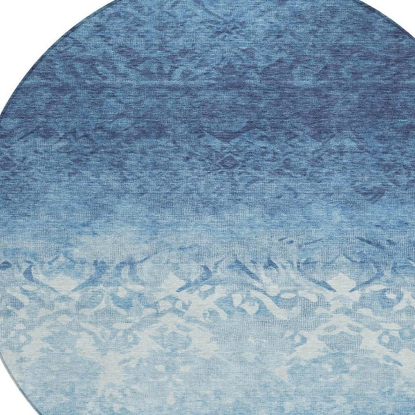 HomeRoots 5' Denim Blue and Ivory Damask Area Rug – Elegant, Washable Indoor/Outdoor Design for Versatile Use 8' Round 627250