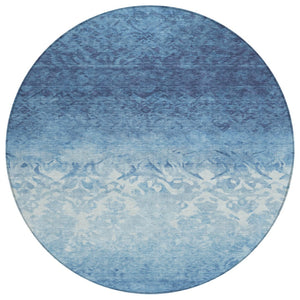 HomeRoots 5' Denim Blue and Ivory Damask Area Rug – Elegant, Washable Indoor/Outdoor Design for Versatile Use 8' Round 627250