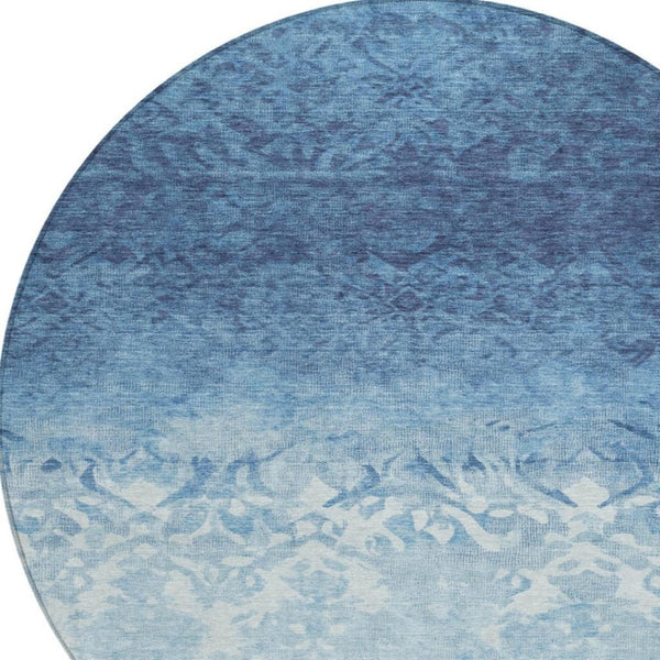 HomeRoots 5' Denim Blue and Ivory Damask Area Rug – Elegant, Washable Indoor/Outdoor Design for Versatile Use 8' Round 627250