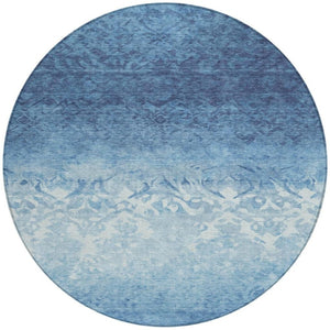 HomeRoots 5' Denim Blue and Ivory Damask Area Rug – Elegant, Washable Indoor/Outdoor Design for Versatile Use 8' Round 627250