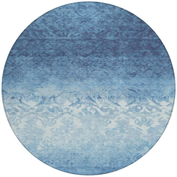 HomeRoots 5' Denim Blue and Ivory Damask Area Rug – Elegant, Washable Indoor/Outdoor Design for Versatile Use 8' Round 627250