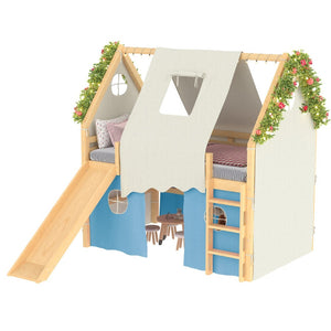 English Elm Full Size Pine Loft Bed with Slide Tent Panels Led Lights and Play Space Below W1580S00292