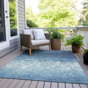 HomeRoots 5' Denim Blue and Ivory Damask Area Rug – Elegant, Washable Indoor/Outdoor Design for Versatile Use 9' X 12' 627252