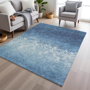HomeRoots 5' Denim Blue and Ivory Damask Area Rug – Elegant, Washable Indoor/Outdoor Design for Versatile Use 10' X 14' 627253