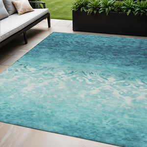 HomeRoots 5' Stylish Teal Blue and Ivory Damask Area Rug - Durable, Washable, Indoor/Outdoor Design for All Spaces 5' X 8' 627267