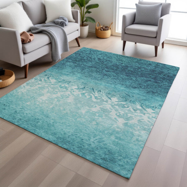 HomeRoots 5' Stylish Teal Blue and Ivory Damask Area Rug - Durable, Washable, Indoor/Outdoor Design for All Spaces 5' X 8' 627267