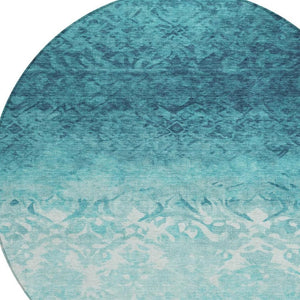 HomeRoots 5' Stylish Teal Blue and Ivory Damask Area Rug - Durable, Washable, Indoor/Outdoor Design for All Spaces 8' Round 627268