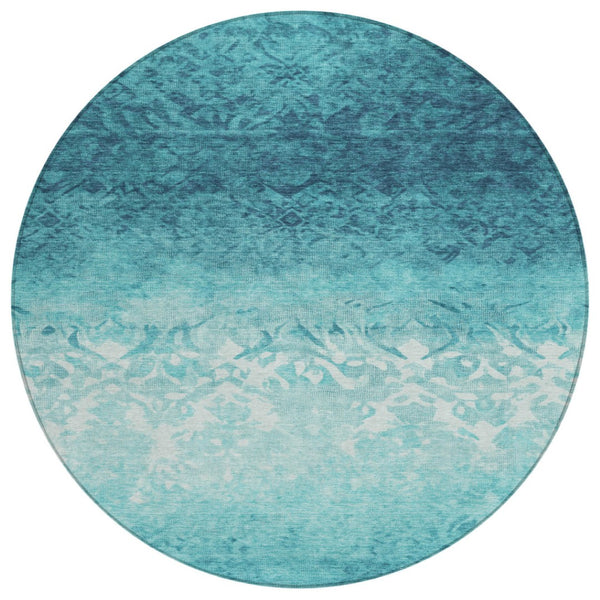 HomeRoots 5' Stylish Teal Blue and Ivory Damask Area Rug - Durable, Washable, Indoor/Outdoor Design for All Spaces 8' Round 627268