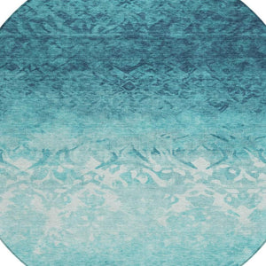 HomeRoots 5' Stylish Teal Blue and Ivory Damask Area Rug - Durable, Washable, Indoor/Outdoor Design for All Spaces 8' Round 627268