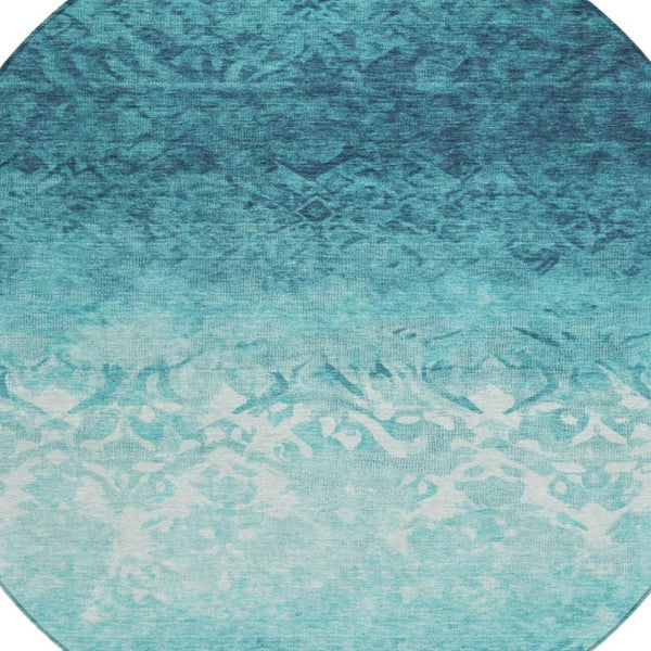 HomeRoots 5' Stylish Teal Blue and Ivory Damask Area Rug - Durable, Washable, Indoor/Outdoor Design for All Spaces 8' Round 627268
