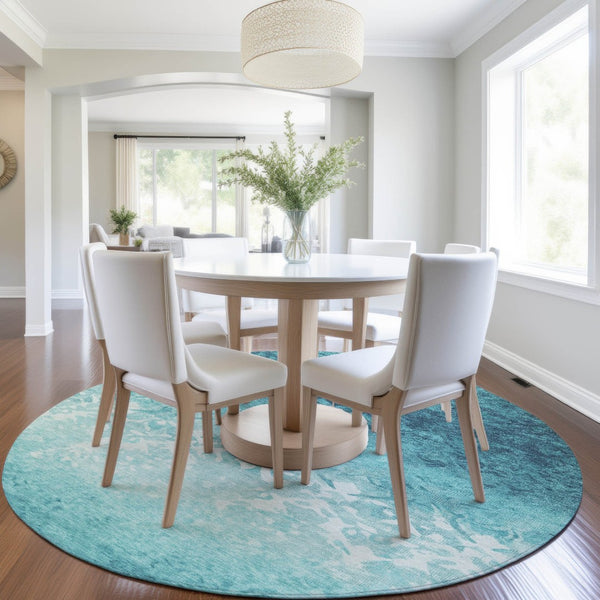 HomeRoots 5' Stylish Teal Blue and Ivory Damask Area Rug - Durable, Washable, Indoor/Outdoor Design for All Spaces 8' Round 627268
