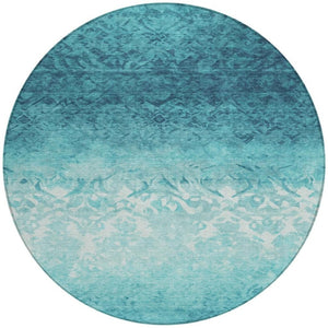 HomeRoots 5' Stylish Teal Blue and Ivory Damask Area Rug - Durable, Washable, Indoor/Outdoor Design for All Spaces 8' Round 627268