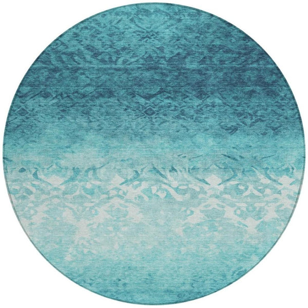 HomeRoots 5' Stylish Teal Blue and Ivory Damask Area Rug - Durable, Washable, Indoor/Outdoor Design for All Spaces 8' Round 627268
