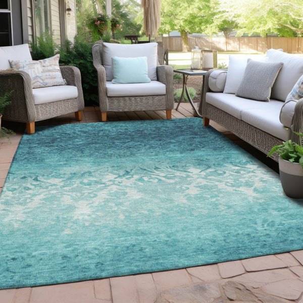 HomeRoots 5' Stylish Teal Blue and Ivory Damask Area Rug - Durable, Washable, Indoor/Outdoor Design for All Spaces 8' X 10' 627269
