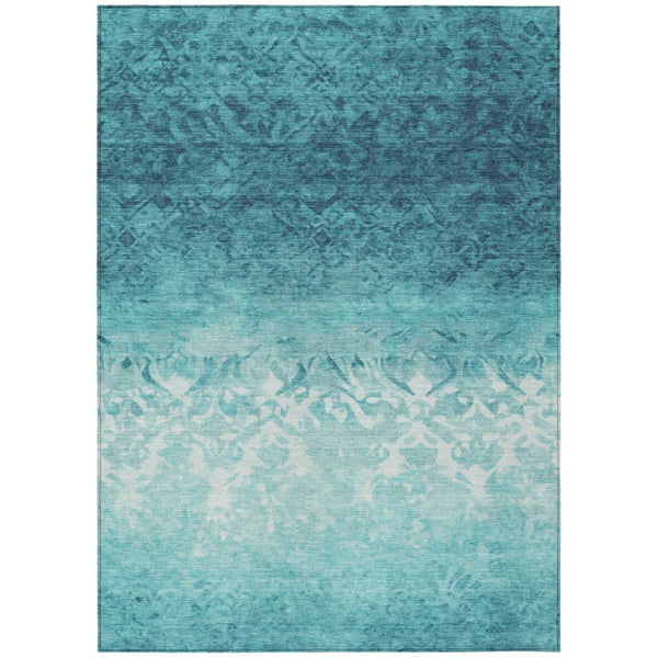 HomeRoots 5' Stylish Teal Blue and Ivory Damask Area Rug - Durable, Washable, Indoor/Outdoor Design for All Spaces 10' X 14' 627271