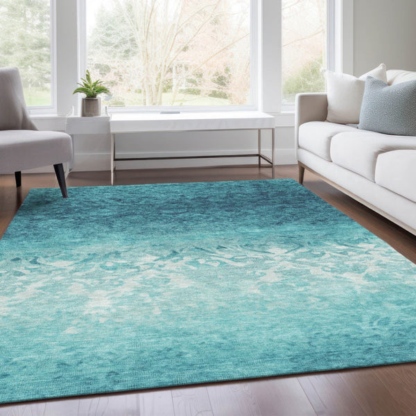 HomeRoots 5' Stylish Teal Blue and Ivory Damask Area Rug - Durable, Washable, Indoor/Outdoor Design for All Spaces 10' X 14' 627271