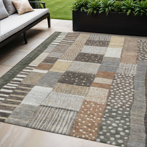 HomeRoots 5' Versatile Brown Ivory and Gray Geometric Area Rug - Durable, Washable Design for Indoor and Outdoor Use 5' X 8' 627279