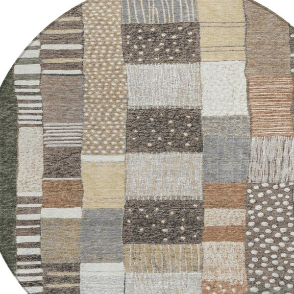 HomeRoots 5' Versatile Brown Ivory and Gray Geometric Area Rug - Durable, Washable Design for Indoor and Outdoor Use 8' Round 627280