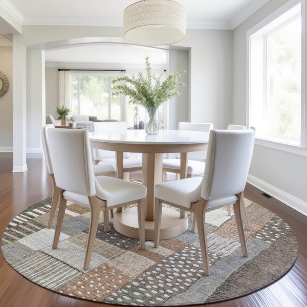HomeRoots 5' Versatile Brown Ivory and Gray Geometric Area Rug - Durable, Washable Design for Indoor and Outdoor Use 8' Round 627280