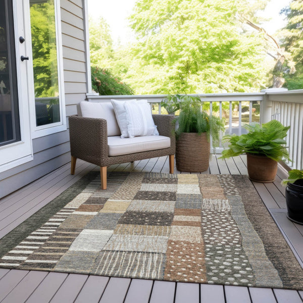 HomeRoots 5' Versatile Brown Ivory and Gray Geometric Area Rug - Durable, Washable Design for Indoor and Outdoor Use 8' X 10' 627281