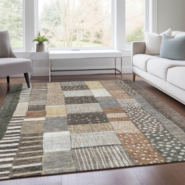 HomeRoots 5' Versatile Brown Ivory and Gray Geometric Area Rug - Durable, Washable Design for Indoor and Outdoor Use 9' X 12' 627282