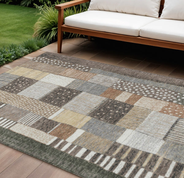 HomeRoots 5' Versatile Brown Ivory and Gray Geometric Area Rug - Durable, Washable Design for Indoor and Outdoor Use 10' X 14' 627283